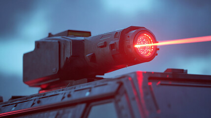 Detailed close up view of an advanced anti drone laser defense system mounted on top of an armored military vehicle