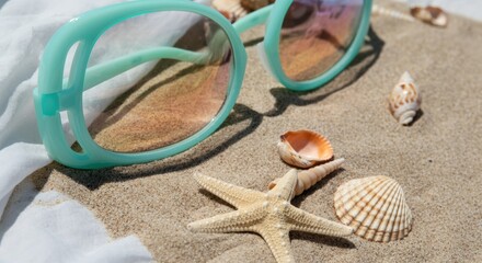 Sunglasses on sandy beach with seashells and starfish