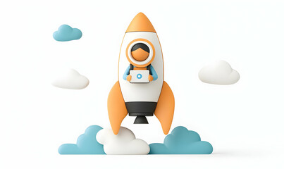 3D Rocket Launch with Astronaut Surrounded by Cute Clouds