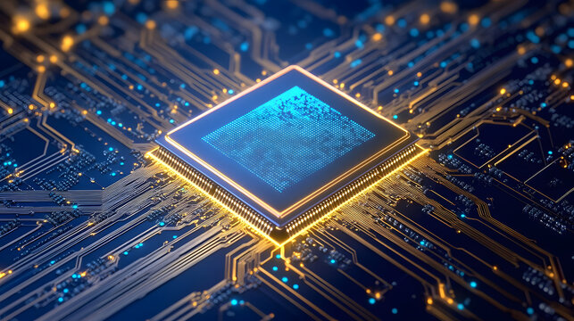 A sleek, futuristic microprocessor surrounded by cybernetic wiring, illuminated with deep blue and gold neon lights. AI-generated computational power at its peak - Powered by Adobe