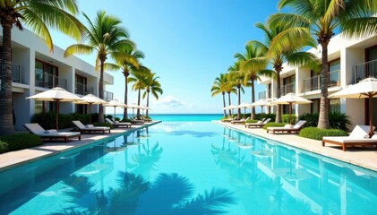 Azure water, inviting resort pool, palm trees , heat, swimming pool, sunbathing