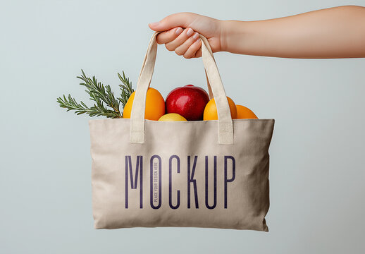 Eco-Friendly Tote Bag Mockup &ndash; Hand-Held Canvas Bag Filled with Fresh Groceries for Branding and Packaging Display