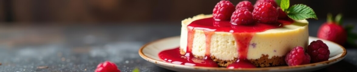 Creamy cheesecake with fresh raspberries & raspberry coulis, cream, culinary, berries