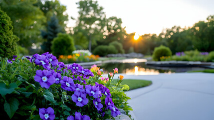 Fototapeta premium Serene Botanical Garden Sunset with Vibrant Purple Flowers