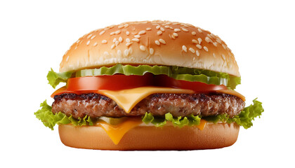 Delicious cheeseburger with lettuce, tomato, pickles, and sesame seed bun on transparent background