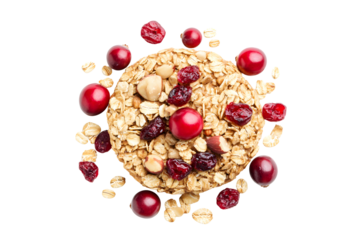 Broken cereals integral whole wheat biscuit with oatmeal, with cranberry fruit and chopped hazelnut placed on white or transparent background, top view