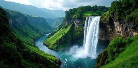 Fototapeta premium Majestic Pulhapanzak Falls cascading down lush green cliffs , cascade, forest, untamed