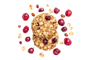 Broken cereals integral whole wheat biscuit with oatmeal, with cranberry fruit and chopped hazelnut on white or transparent background, top view
