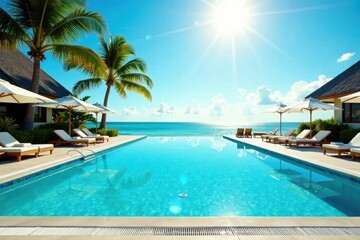 Sparkling blue water, luxurious resort pool with sun loungers , blue, escape, sunbathing