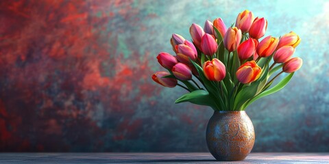 Vibrant bouquet of tulips in decorative vase against colorful backdrop in a cozy indoor setting