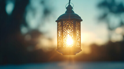 Ornate lantern glowing at sunset, outdoors, peaceful background; ideal for Ramadan, peace, spirituality, or faith themes