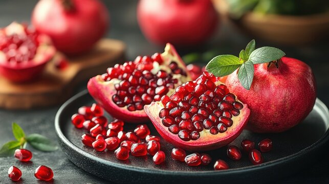 Glowing pomegranate seeds on a black plate with blurred background. Concept of healthy eating, health