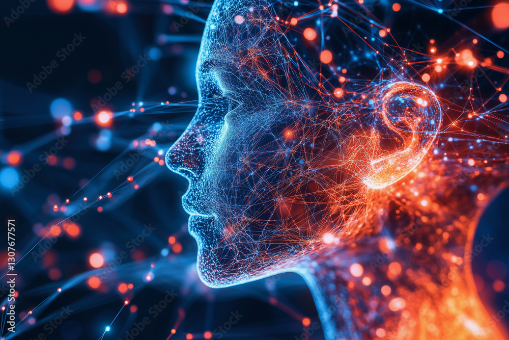 Poster woman's face is shown in a computer generated image with a blue and red color scheme. the image is a