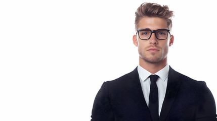 Confident Young Man in Formal Suit with Stylish Glasses on White Background