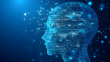 A hyper-detailed AI head designed from interconnected digital circuits, glowing in a vibrant blue hue against a matrix of floating ones and zeros