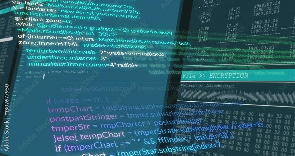 Poster animation of computer code and encryption data overlaying digital screen interface