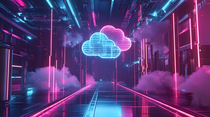 A high-resolution 3D visualization of an AI-powered robot in a futuristic cloud computing environment