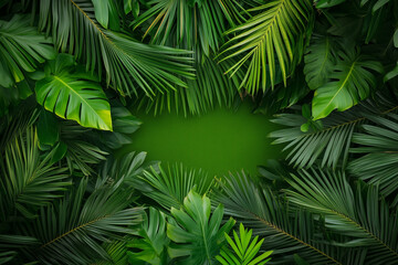 lush green jungle with a large green leaf in the center. The leaf is surrounded by many other leaves, creating a sense of depth and abundance. The image evokes a feeling of tranquility and serenity