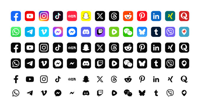 Set of popular social media logo icons. facebook, youtube, instagram, threads, x, linkedin, telegram, snapchat, whatsapp, reddit, rednote, pinterest, quora,  discord, messenger, twitch etc