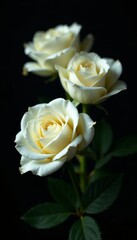 Close-up of delicate white roses on a dramatic black backdrop, bouquet, monochrome, romantic