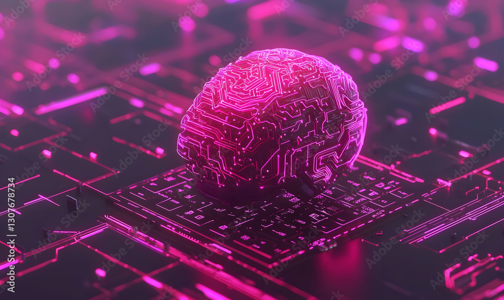 Poster abstract brain design with circuit patterns in neon pink color