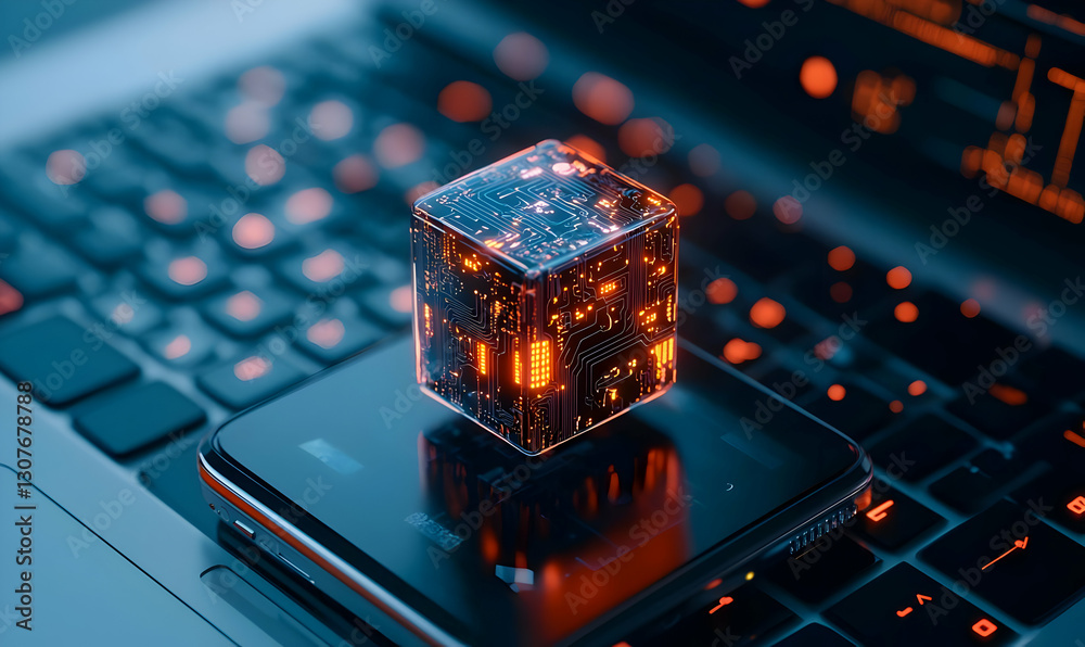 Poster futuristic digital cube with circuit patterns on smartphone screen