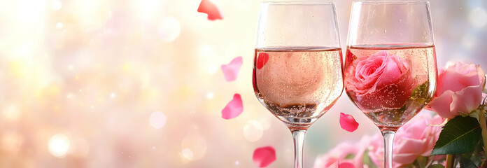 Romantic concept. Two glasses of wine with pink rose petals and a bokeh background. Valentine's Day banner. Celebration with wine and red rose