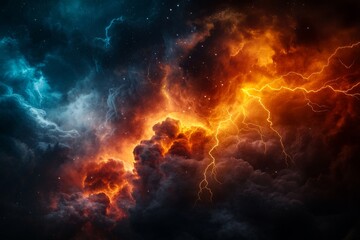 Fototapeta premium Abstract space background with intense lightning and nebulae. Abstract digital art of dramatic atmosphere and full of cosmic energy.