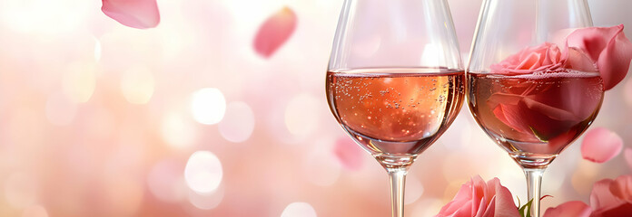 Romantic concept. Two glasses of wine with pink rose petals and a bokeh background. Valentine's Day banner. Celebration with wine and red rose
