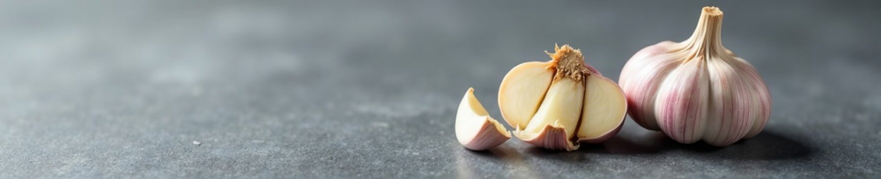 Close-up of fresh garlic cloves on a sleek gray background, close-up, gray, organic