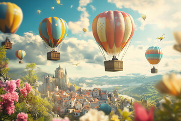 Obraz premium colorful scene of hot air balloons flying over a city with a castle in the background. Scene is whimsical and playful, as the balloons seem to be floating effortlessly through the sky