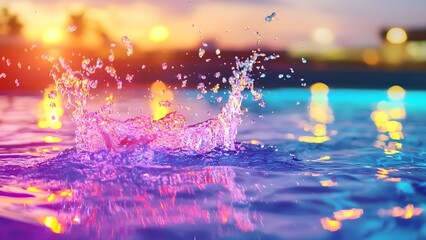 A vibrant splash in water with colorful reflections from a sunset, creating a dynamic and artistic scene. Concept Sunset Reflections, Water Splash Art, Vibrant Colors, Dynamic Photography