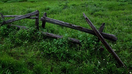 Fototapeta premium The camera zooms in for an extreme close-up of a rustic wooden fence set amidst a prairie planting