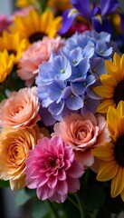 Close-up of hydrangeas, sunflowers, carnations, and irises at a florist, nature, vibrant, market © Thiti