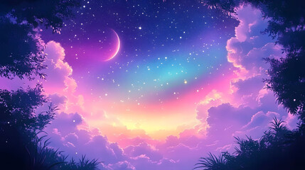 Beautiful fantasy starry night sky blue and purple colorful galaxy and aurora 4k wallpaper. cosmic watercolor illustration.