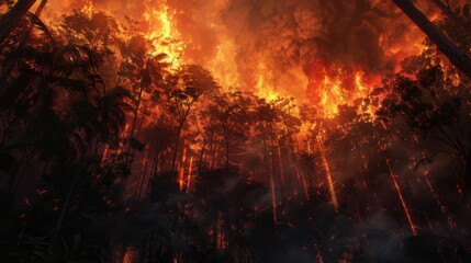Fire rapidly spreads through a dense forest, consuming trees and creating a hazardous environment for wildlife and vegetation