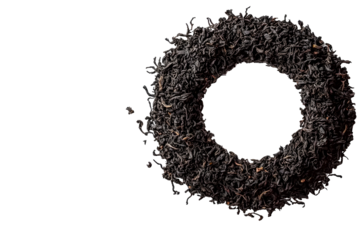 Pile dry black tea in shape circle on white or transparent background, top view.