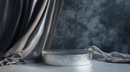 A Podium with a Metallic Silky black grey surface Finish, Luxurious Setting with Satin Fabric Draped in the Background and Soft Warm Lighting, Jewelry or Fashion Accessories copy space