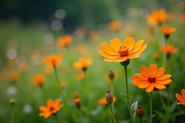 Close-up of orange wildflowers in a diverse ecological setting with various plant species, ecology, plant species, close-up