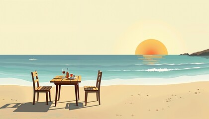 Fototapeta premium Romantic seaside dining setup at sunset illustration
