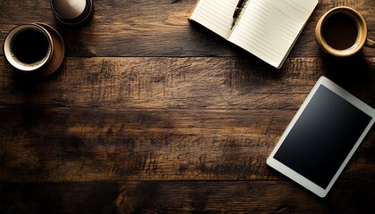 Flatlay of rustic wooden desk with coffee, tablet, and notebook.