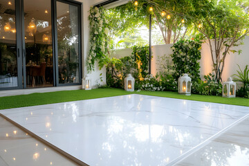 Outdoor wedding dance floor, lush garden backdrop, patio lights, green grass. Perfect for event planning, wedding websites