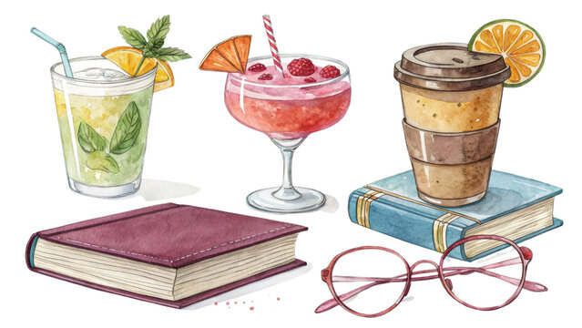Watercolor Drinks and Books Composition Cocktails, Coffee, Glasses, Isolated on Transparent Background, illustration, Drinks, watercolor, books