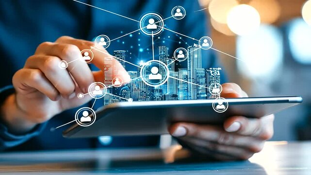 Entrepreneur orchestrating a worldwide digital network from a contemporary office setting.
