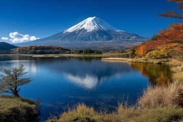 Majestic Mount Fuji reflected in serene lake, surrounded by vibrant autumn foliage and clear blue skies, creating picturesque landscape