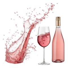 Rose Wine Splash Bottle, Glass, and Wave Isolated on Transparent Background, Rose Wine, Drink, Beverage