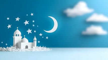 Paper cut-out mosque under crescent moon and stars against a blue sky, ideal for Ramadan or Eid celebrations