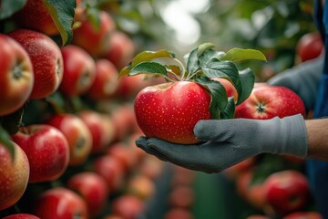 Obraz premium Gardener harvesting ripe apples from tree in orchard during autumn season