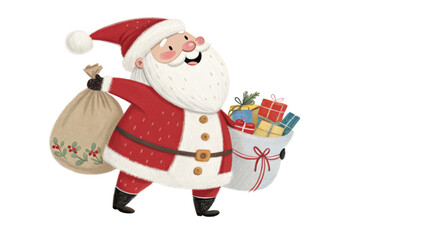 Jolly Santa Claus with Gifts and Sack, Digital Painting, Isolated on Transparent Background, Christmas Illustration, Christmas, Santa, Holiday