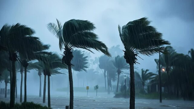 Stormy weather brings powerful winds and heavy rain to coastal area with swaying palm trees